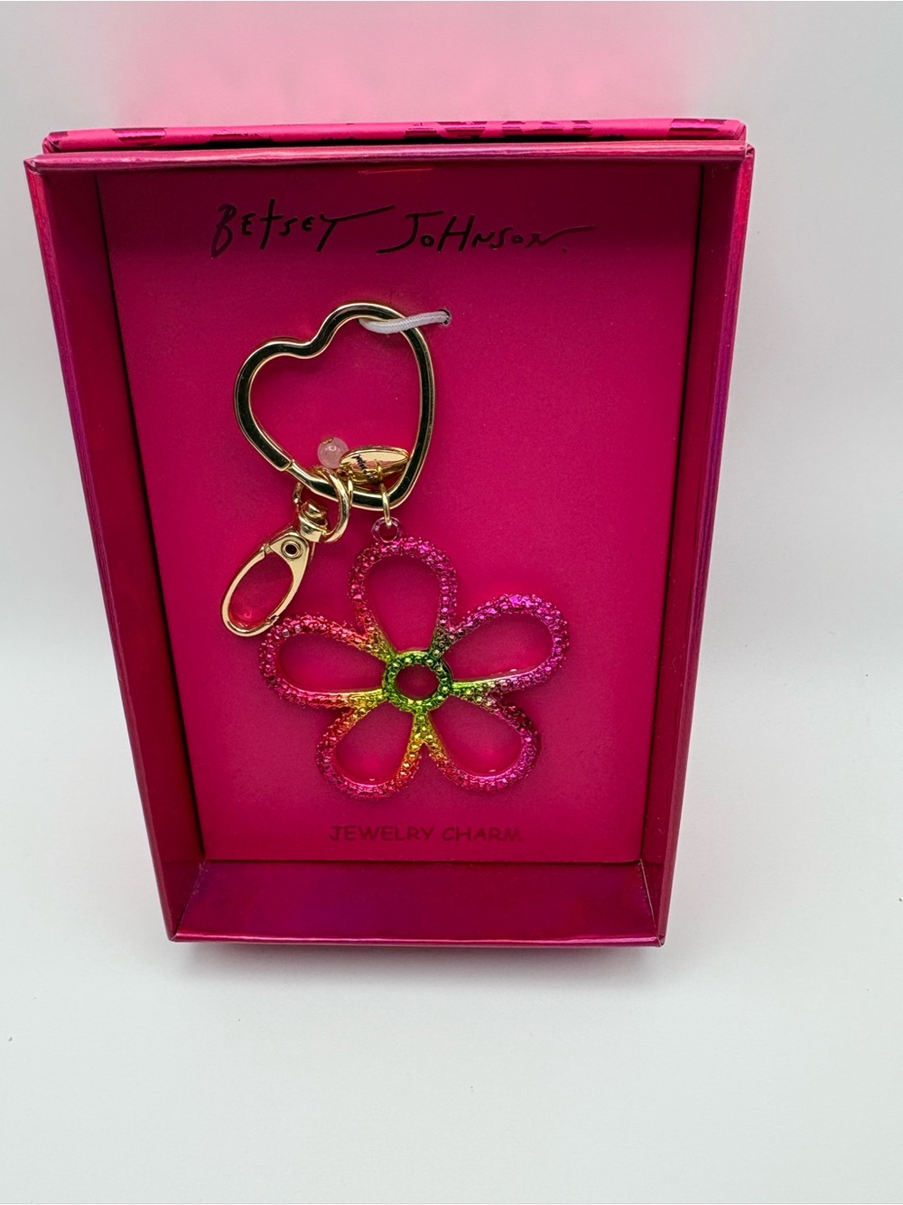 Betsey Johnson Pink Green Yellow Flower Keychain with Gold Heart Ring